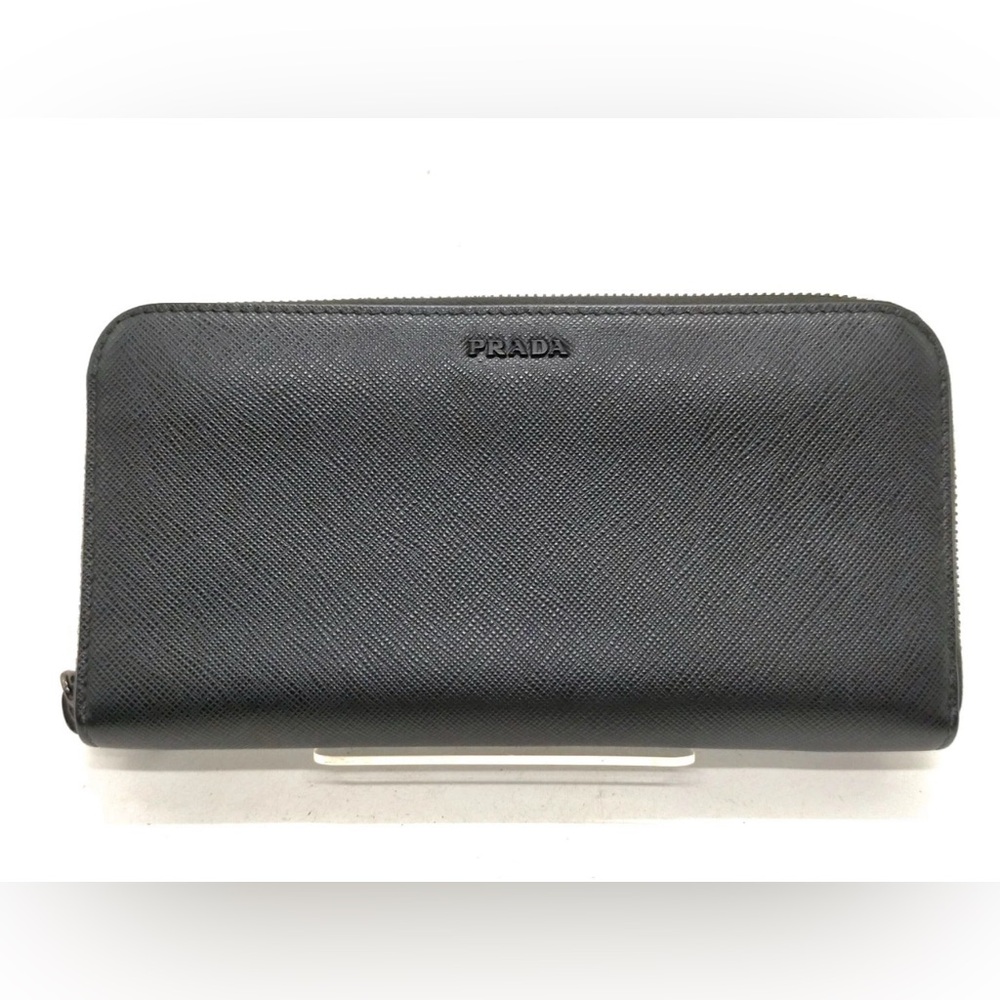 Prada Long Wallet Black Leather With Gray and White bi color inside authentic - Picture 1 of 11